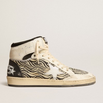 Golden Goose Men's Sky-Star Sneakers LAB In Zebra Nappa With Textured Silver Leather Star GMF00230.F005069.82471