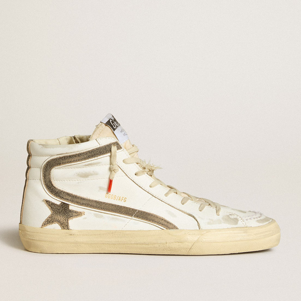 Golden Goose Men's Slide Sneakers LAB In White Leather With Star And Flash In Brown Suede GMF00115.F006459.10283