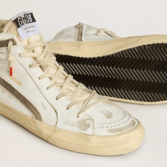 Golden Goose Men's Slide Sneakers LAB In White Leather With Star And Flash In Brown Suede GMF00115.F006459.10283