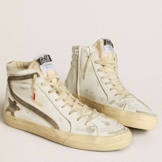 Golden Goose Men's Slide Sneakers LAB In White Leather With Star And Flash In Brown Suede GMF00115.F006459.10283