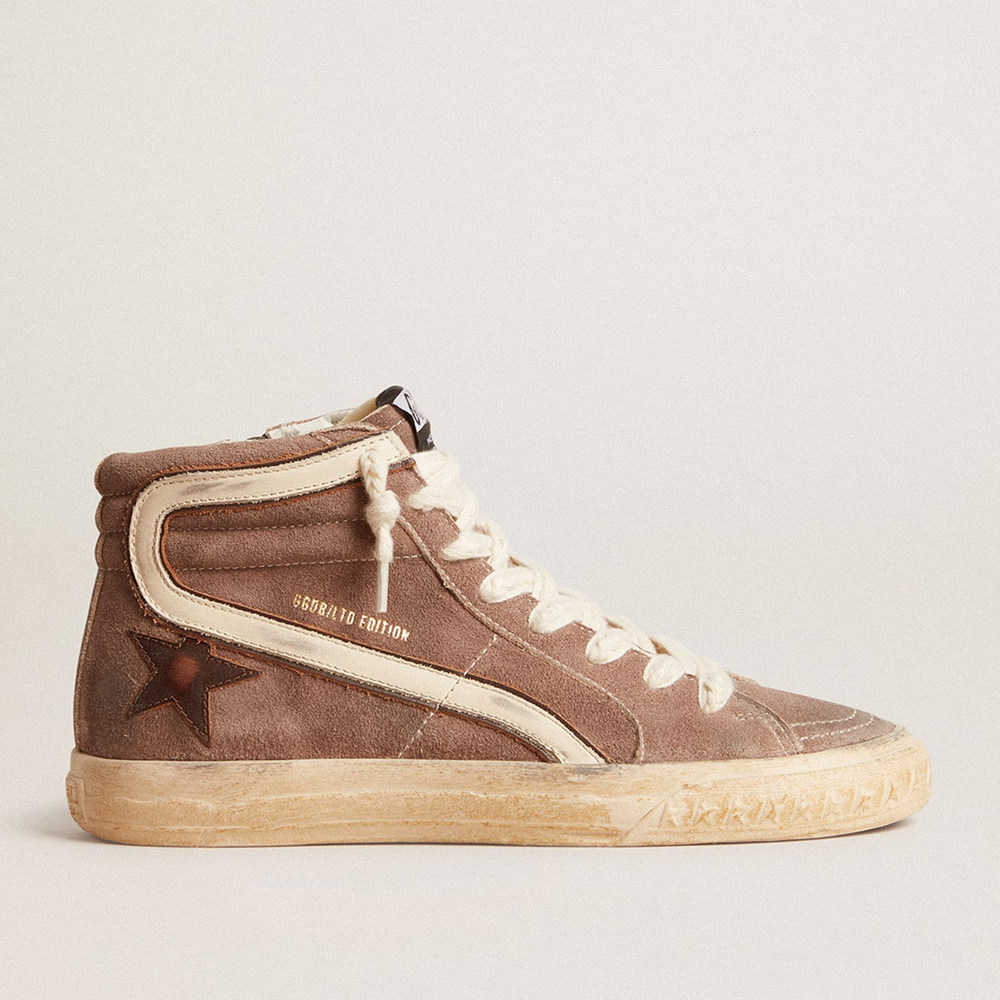 Golden Goose Men's Slide Sneakers LTD In Brown Suede With Leather Star And Flash GMF00751.F005845.55595