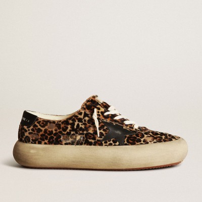 Golden Goose Men's Space-Star Sneakers In Leopard Print Pony Skin With Black Star And Heel GMF00378.F003305.81472