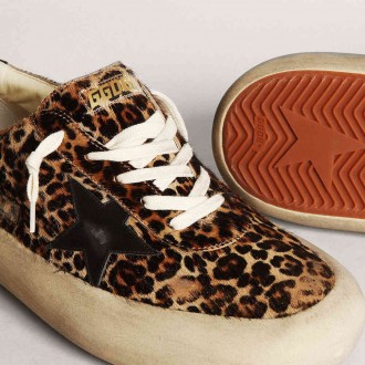 Golden Goose Men's Space-Star Sneakers In Leopard Print Pony Skin With Black Star And Heel GMF00378.F003305.81472