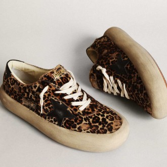 Golden Goose Men's Space-Star Sneakers In Leopard Print Pony Skin With Black Star And Heel GMF00378.F003305.81472