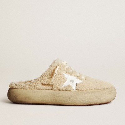 Golden Goose Men's Space-Star Sneakers Sabots In Beige Shearling With White Leather Star GMF00349.F003333.15292