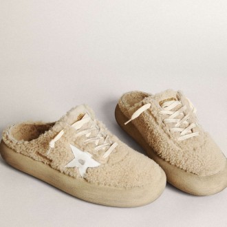 Golden Goose Men's Space-Star Sneakers Sabots In Beige Shearling With White Leather Star GMF00349.F003333.15292