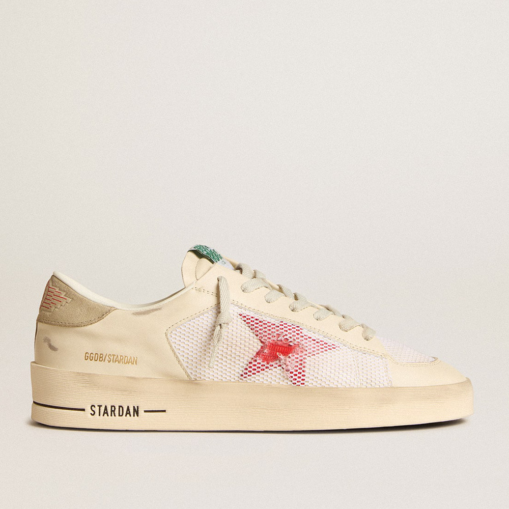 Golden Goose Men's Stardan Sneakers In White Leather And Mesh With Red Star And Sand-colored Heel Tab GMF00370.F006046.11892