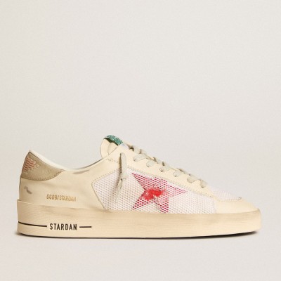 Golden Goose Men's Stardan Sneakers In White Leather And Mesh With Red Star And Sand-colored Heel Tab GMF00370.F006046.11892