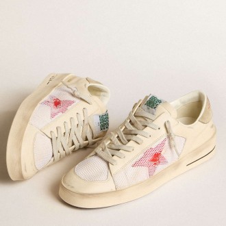 Golden Goose Men's Stardan Sneakers In White Leather And Mesh With Red Star And Sand-colored Heel Tab GMF00370.F006046.11892