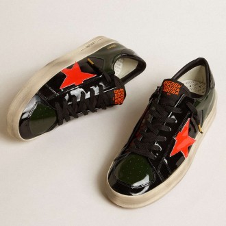 Golden Goose Men's Stardan Sneakers LAB In Black And Green Patent Leather With Orange Star GMF00304.F005084.82475