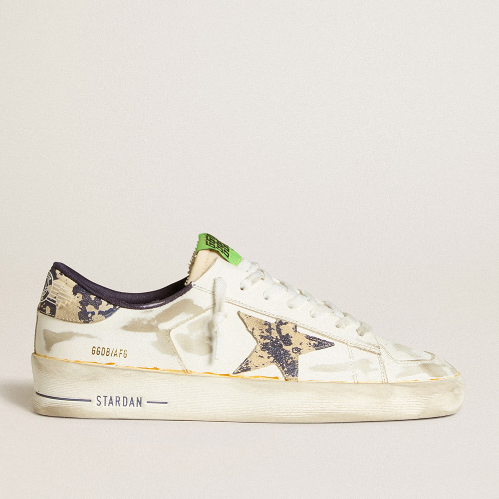 Golden Goose Men's Stardan Sneakers LAB In White Leather With A Camouflage Star And Heel Tab GMF00128.F006458.12105