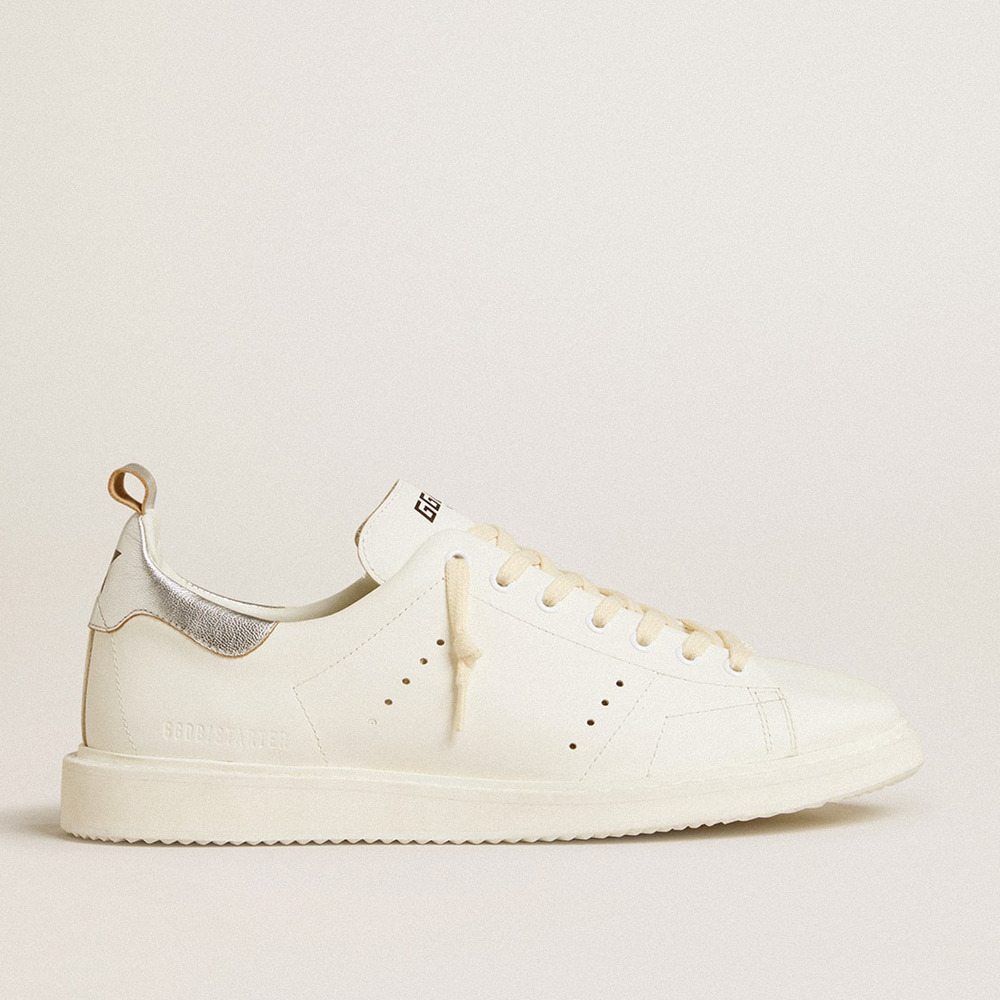 Golden Goose Men's Starter Sneakers In White Leather With Silver Metallic Leather Heel Tab GMF00127.F006447.10449