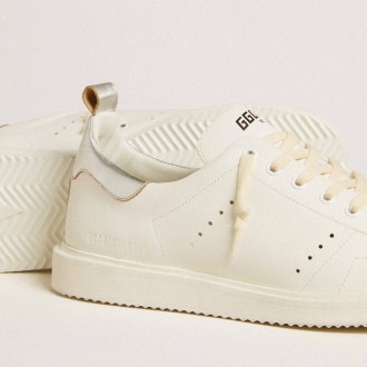 Golden Goose Men's Starter Sneakers In White Leather With Silver Metallic Leather Heel Tab GMF00127.F006447.10449