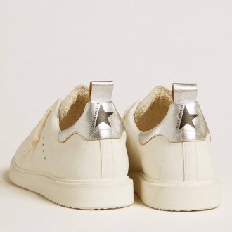 Golden Goose Men's Starter Sneakers In White Leather With Silver Metallic Leather Heel Tab GMF00127.F006447.10449