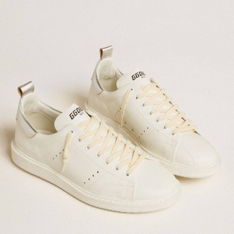 Golden Goose Men's Starter Sneakers In White Leather With Silver Metallic Leather Heel Tab GMF00127.F006447.10449