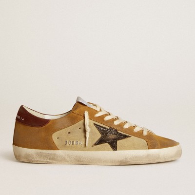 Golden Goose Men's Super-Star Sneakers In Beige And Caramel Suede With Black Crackle Leather Star GMF00103.F006696.55635