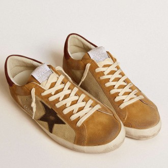 Golden Goose Men's Super-Star Sneakers In Beige And Caramel Suede With Black Crackle Leather Star GMF00103.F006696.55635