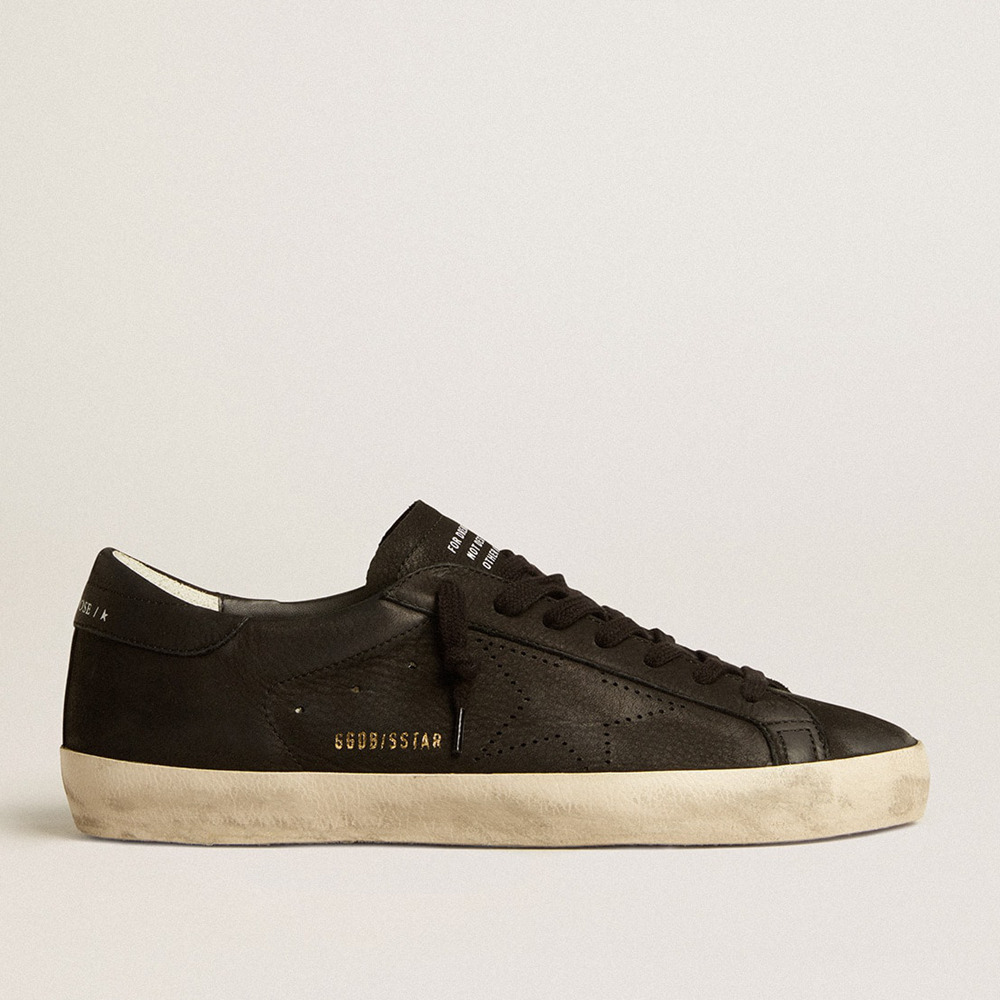 Golden Goose Men's Super-Star Sneakers In Black Nubuck With Perforated Star And Black Nubuck Heel Tab GMF00105.F005223.90100