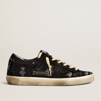 Golden Goose Men's Super-Star Sneakers In Black Velvet And Suede With Black Suede Star GMF00666.F005195.90100