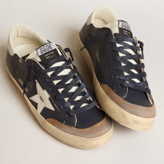 Golden Goose Men's Super-Star Sneakers In Blue Nappa Leather With White Leather Star And Heel Tab GMF00107.F006039.50862