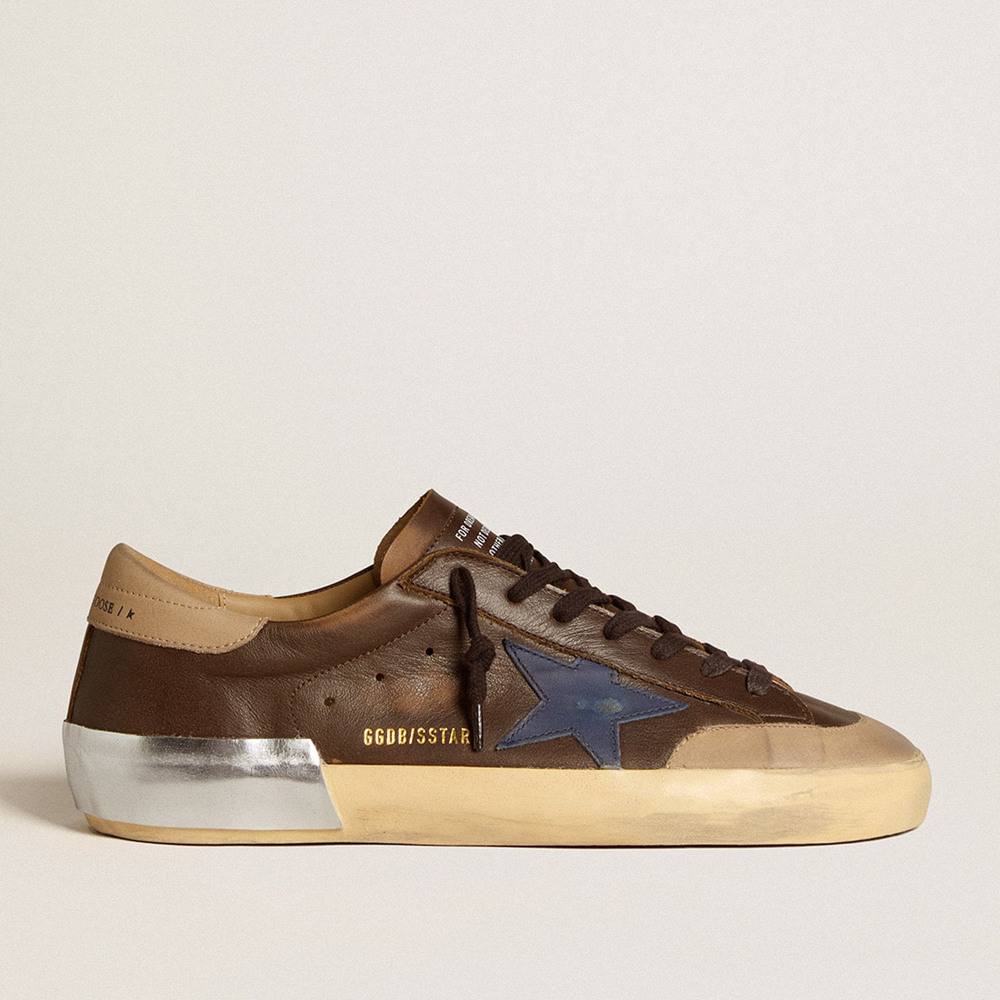 Golden Goose Men's Super-Star Sneakers In Leather With Blue Leather Star And Beige Nubuck Heel Tab GMF00659.F006687.82846