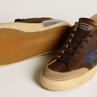 Golden Goose Men's Super-Star Sneakers In Leather With Blue Leather Star And Beige Nubuck Heel Tab GMF00659.F006687.82846