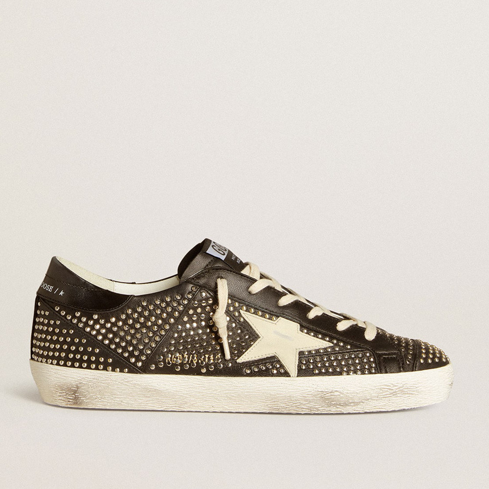 Golden Goose Men's Super-Star Sneakers In Studded Black Nappa With White Leather Star GMF00827.F006559.80203