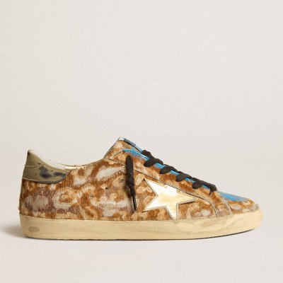 Golden Goose Men's Super-Star Sneakers LAB In Leopard Pony Skin With Gold Star And Gray Heel Tab GMF00101.F003578.81879