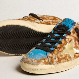 Golden Goose Men's Super-Star Sneakers LAB In Leopard Pony Skin With Gold Star And Gray Heel Tab GMF00101.F003578.81879