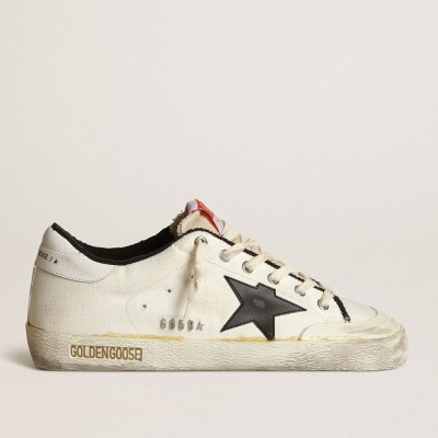 Golden Goose Men's Super-Star Sneakers LTD In Beige Canvas With Black Star GMF00396.F003415.15365