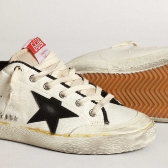 Golden Goose Men's Super-Star Sneakers LTD In Beige Canvas With Black Star GMF00396.F003415.15365