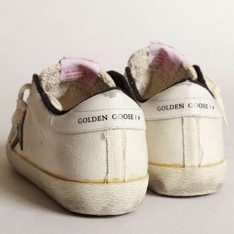 Golden Goose Men's Super-Star Sneakers LTD In Beige Canvas With Black Star GMF00396.F003415.15365