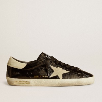 Golden Goose Men's Super-Star Sneakers LTD In Black Patent Leather With Suede Star And Heel Tab GMF00101.F006693.90194