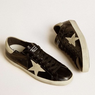 Golden Goose Men's Super-Star Sneakers LTD In Black Patent Leather With Suede Star And Heel Tab GMF00101.F006693.90194