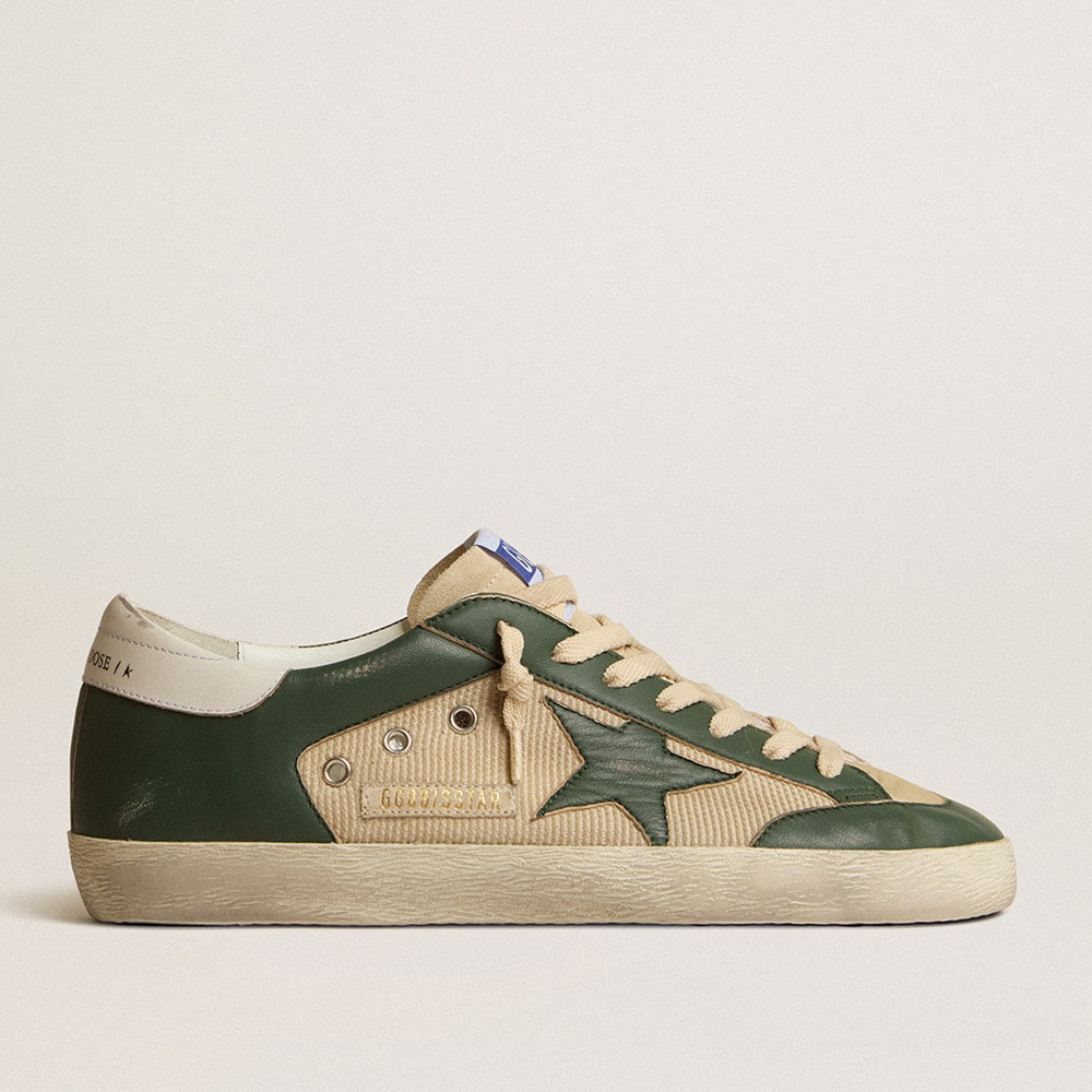 Golden Goose Men's Super-Star Sneakers LTD In Cream Mesh And Green Nappa With Nappa Star GMF00108.F004590.82302