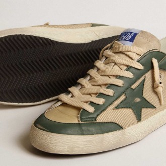 Golden Goose Men's Super-Star Sneakers LTD In Cream Mesh And Green Nappa With Nappa Star GMF00108.F004590.82302