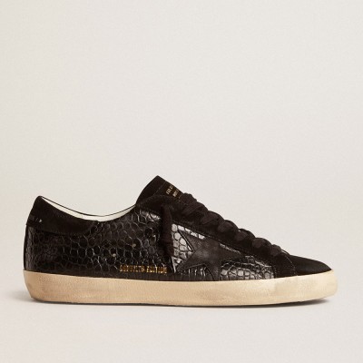 Golden Goose Men's Super-Star Sneakers LTD In Crocodile-print Leather With Black Suede Inserts GMF00101.F005992.90100