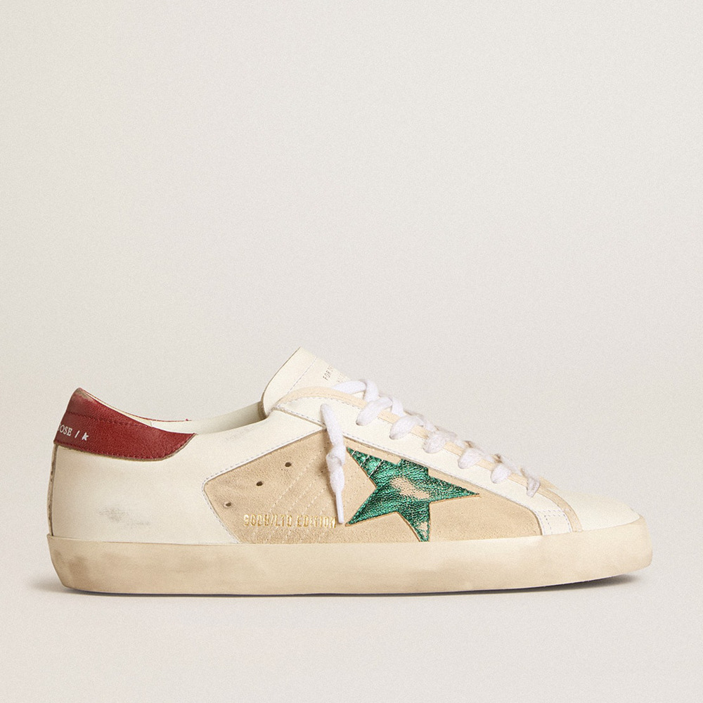 Golden Goose Men's Super-Star Sneakers LTD In Suede With Green Metallic Star And Red Heel Tab GMF00103.F006002.82678