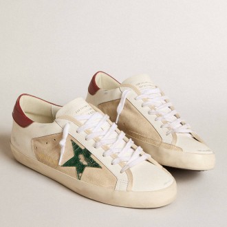 Golden Goose Men's Super-Star Sneakers LTD In Suede With Green Metallic Star And Red Heel Tab GMF00103.F006002.82678