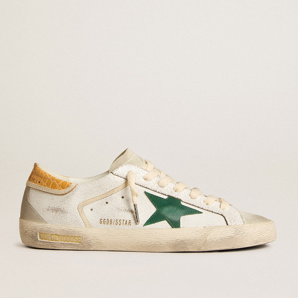 Golden Goose Men's Super-Star Sneakers With Green Suede Star And Yellow Croc-print Leather Heel Tab GMF00102.F005993.82674