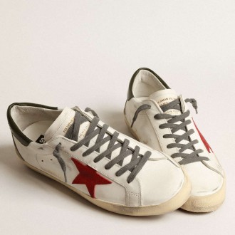 Golden Goose Men's Super-Star Sneakers With Red Suede Star And Green Leather Heel Tab GMF00102.F003987.11357