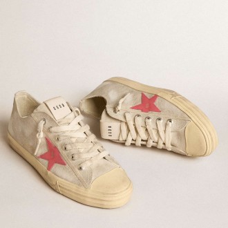 Golden Goose Men's V-Star Sneakers In Light Gray Canvas With A Red Leather Star GMF00129.F005894.60519