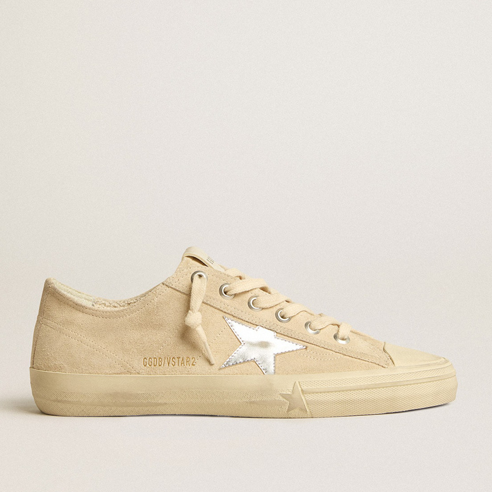 Golden Goose Men's V-Star Sneakers In Pearl Suede With Silver Metallic Leather Star GMF00129.F005298.15542