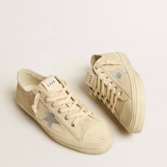 Golden Goose Men's V-Star Sneakers In Pearl Suede With Silver Metallic Leather Star GMF00129.F005298.15542