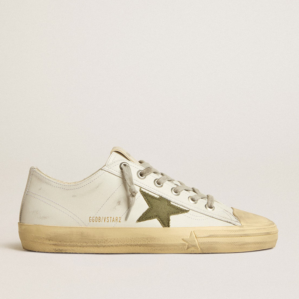 Golden Goose Men's V-Star Sneakers In White Leather With Green Canvas Star GMF00129.F005295.10502