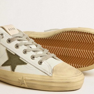 Golden Goose Men's V-Star Sneakers In White Leather With Green Canvas Star GMF00129.F005295.10502