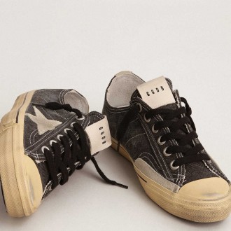 Golden Goose Men's V-Star Sneakers LTD In Black Canvas With Ice-gray Star And Heel Tab GMF00129.F003088.90184