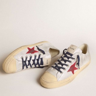 Golden Goose Men's V-Star Sneakers LTD In Silver Metallic Suede With Red Suede Star GMF00129.F005928.70217