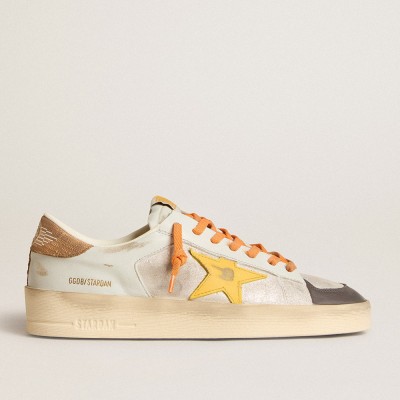 Golden Goose Men's White Stardan Sneakers With Ocher Leather Star And Nubuck Inserts GMF00128.F006049.82693