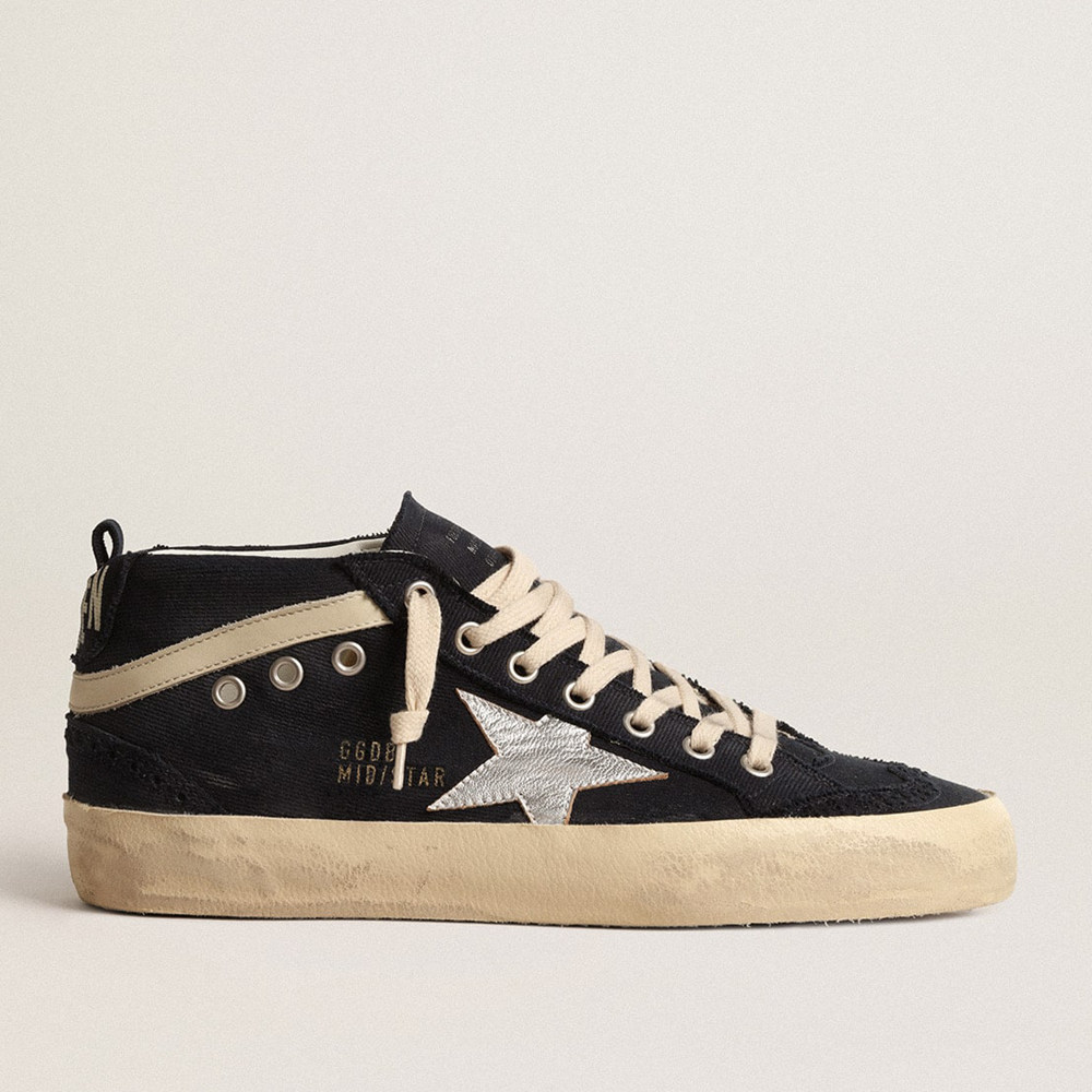 Golden Goose Mid Star Sneakers In Blue Cotton With Silver Star And Leather Flash GWF00122.F004528.50778